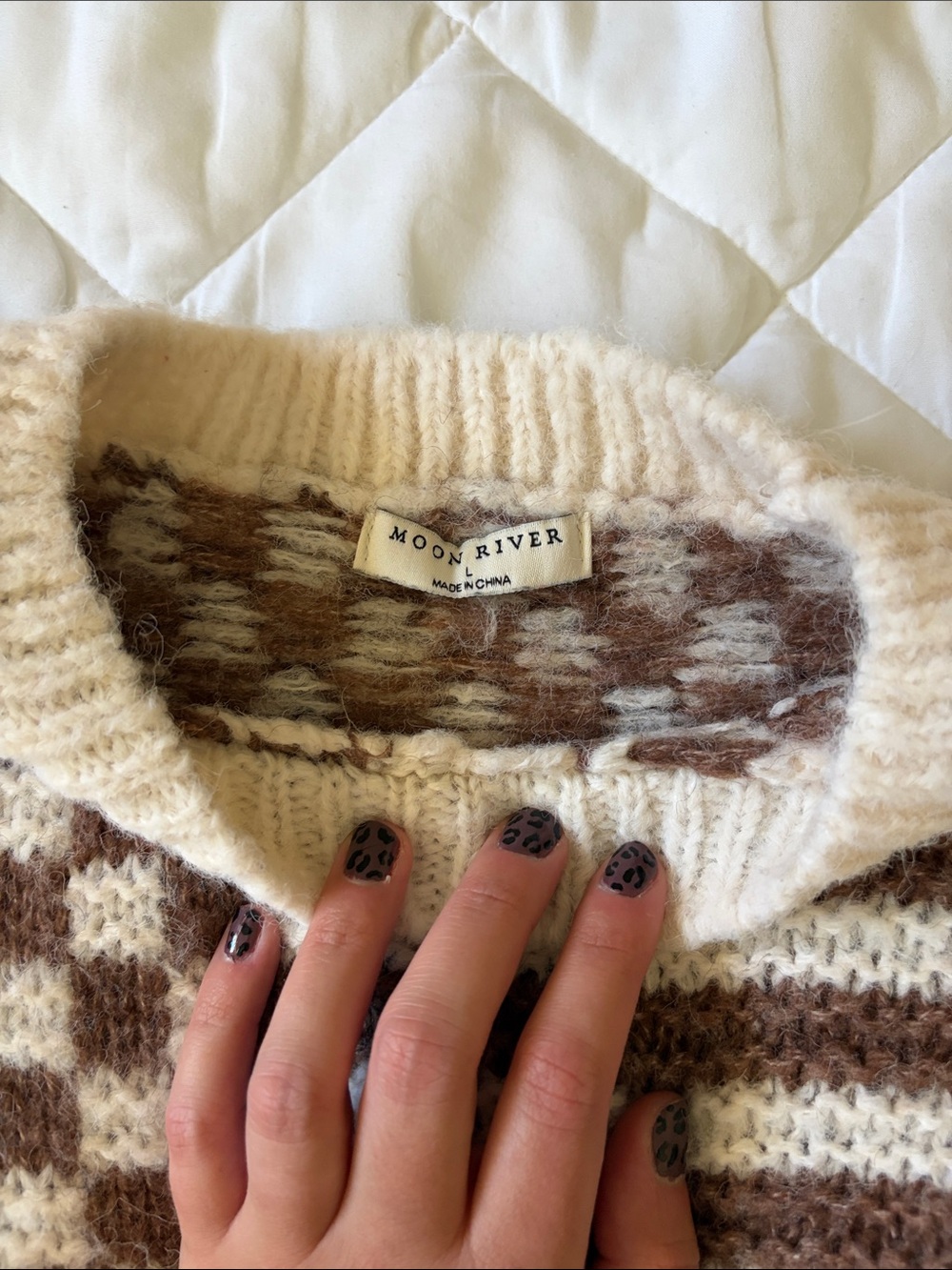 Moon River Cream and Brown Checkerboard & Stripe Knit Sweater - Picture 2 of 3